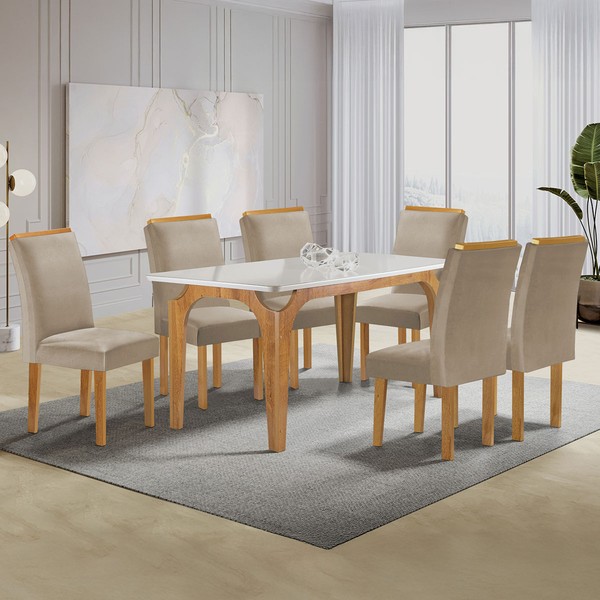 Mesa de Jantar 6 Lugares Melina Luisa com Vidro Cinamomo/Off White/Bege Claro - Cel Móveis