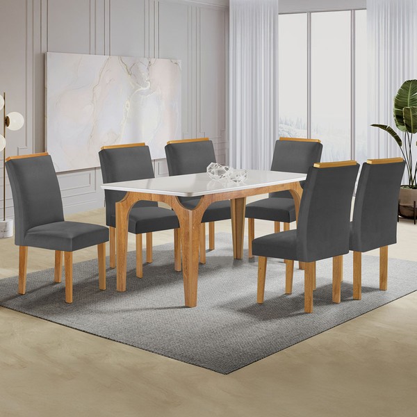 Mesa de Jantar 6 Lugares Melina Luisa com Vidro Cinamomo/Off White/Cinza - Cel Móveis