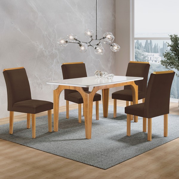 Mesa de Jantar 4 Lugares Melina Luisa com Vidro Cinamomo/Off White/Marrom - Cel Móveis