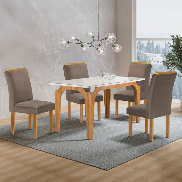 Mesa de Jantar 4 Lugares Melina Luisa com Vidro Cinamomo/Off White/Bege Escuro - Cel Móveis