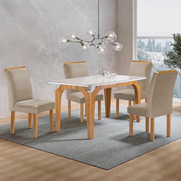 Mesa de Jantar 4 Lugares Melina Luisa com Vidro Cinamomo/Off White/Bege Claro - Cel Móveis