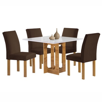 Mesa de Jantar 4 Lugares Carolina Espanha com Vidro Cinamomo/Off White/Marrom - Cel Móveis