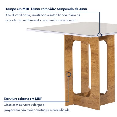 Mesa de Jantar 4 Lugares Carolina Espanha com Vidro Cinamomo/Off White/Marrom - Cel Móveis