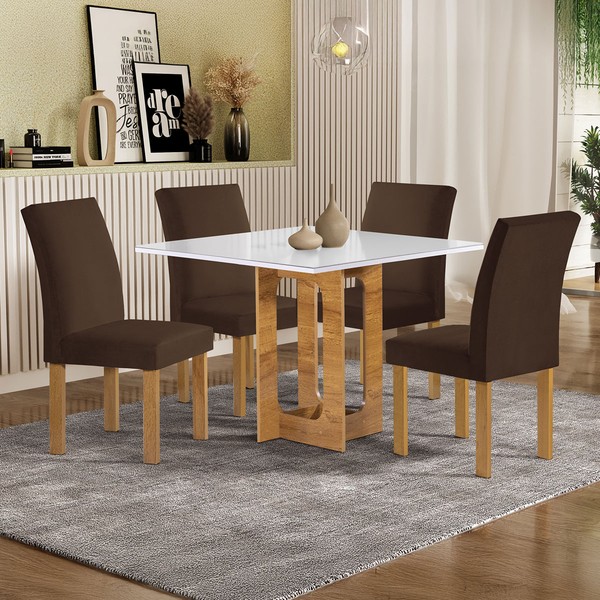 Mesa de Jantar 4 Lugares Carolina Espanha com Vidro Cinamomo/Off White/Marrom - Cel Móveis