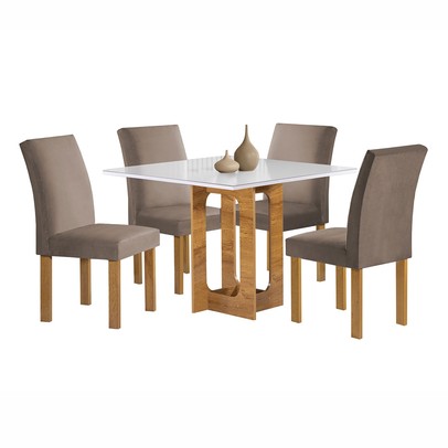 Mesa de Jantar 4 Lugares Carolina Espanha com Vidro Cinamomo/Off White/Bege Escuro - Cel Móveis