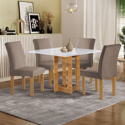 Mesa de Jantar 4 Lugares Carolina Espanha com Vidro Cinamomo/Off White/Bege Escuro - Cel Móveis
