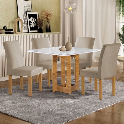 Mesa de Jantar 4 Lugares Carolina Espanha com Vidro Cinamomo/Off White/Bege Claro - Cel Móveis