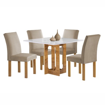Mesa de Jantar 4 Lugares Carolina Espanha com Vidro Cinamomo/Off White/Bege Claro - Cel Móveis