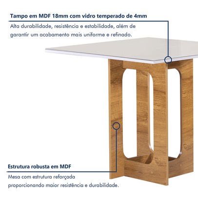 Mesa de Jantar 4 Lugares Carolina Espanha com Vidro Cinamomo/Off White/Bege Claro - Cel Móveis