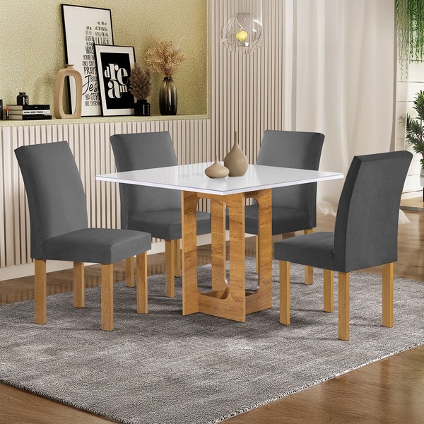 Mesa de Jantar 4 Lugares Carolina Espanha com Vidro Cinamomo/Off White/Cinza - Cel Móveis