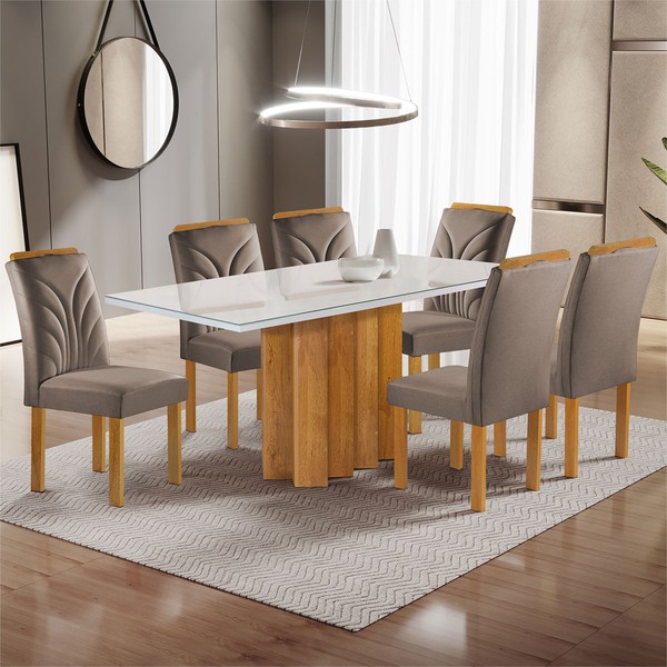 Mesa de Jantar 6 Lugares Dakota com Vidro Off White Cinamomo/Off White/Veludo Bege Escuro - Cel Móveis