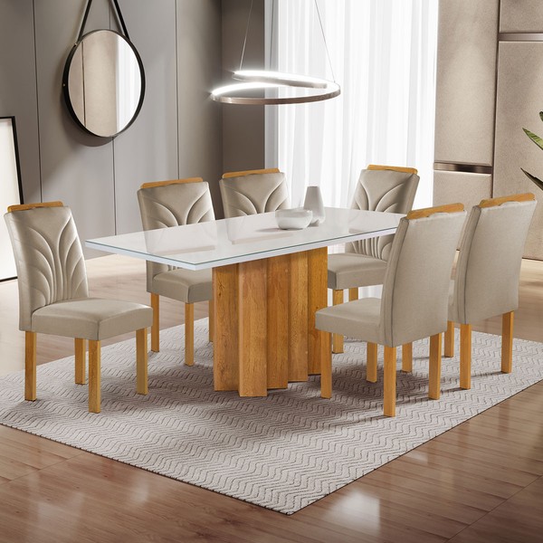 Mesa de Jantar 6 Lugares Dakota com Vidro Off White Cinamomo/Off White/Veludo Bege Claro - Cel Móveis