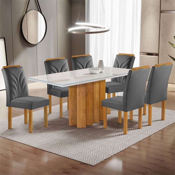 Mesa de Jantar 6 Lugares Dakota com Vidro Off White Cinamomo/Off White/Veludo Cinza - Cel Móveis