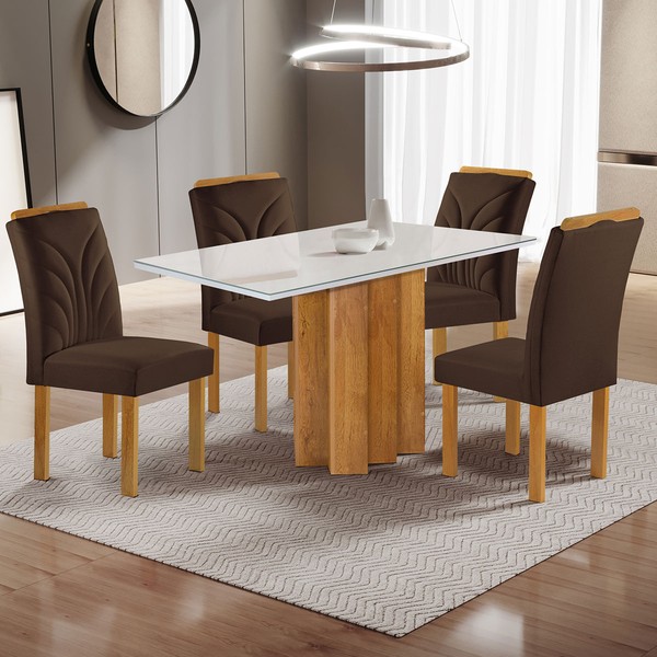 Mesa de Jantar 4 Lugares Lorena Carolina com Vidro Cinamomo/Off White/Marrom - Cel Móveis