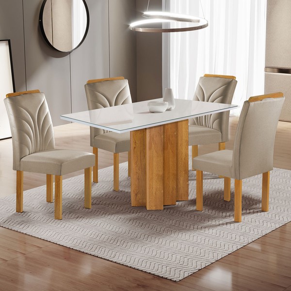 Mesa de Jantar 4 Lugares Lorena Carolina com Vidro Cinamomo/Off White/Bege Claro - Cel Móveis