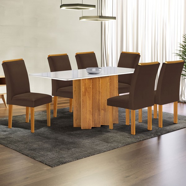 Mesa de Jantar 6 Lugares Lorena com Vidro Cinamomo/Off White/Marrom - Cel Móveis