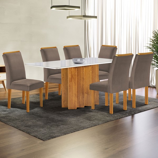 Mesa de Jantar 6 Lugares Lorena com Vidro Cinamomo/Off White/Bege Escuro - Cel Móveis