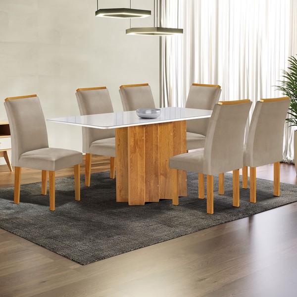 Mesa de Jantar 6 Lugares Lorena com Vidro Cinamomo/Off White/Bege Claro - Cel Móveis