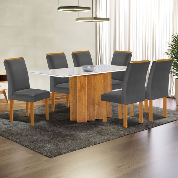 Mesa de Jantar 6 Lugares Lorena com Vidro Cinamomo/Off White/Cinza - Cel Móveis