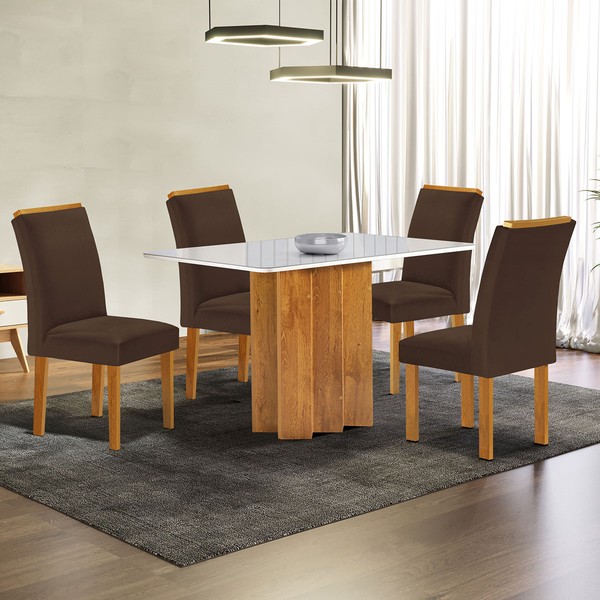 Mesa de Jantar 4 Lugares Lorena com Vidro Cinamomo/Off White/Marrom