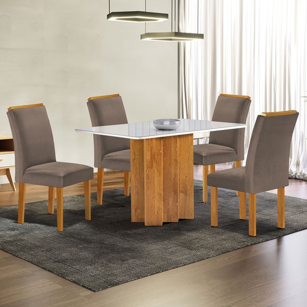 Mesa de Jantar 4 Lugares Lorena com Vidro Cinamomo/Off White/Bege Escuro