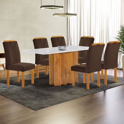 Mesa de Jantar 6 Lugares Lorena Londres com Vidro Cinamomo/Off White/Marrom - Cel Móveis