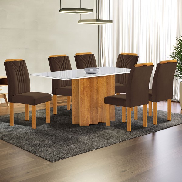 Mesa de Jantar 6 Lugares Lorena Londres com Vidro Cinamomo/Off White/Marrom - Cel Móveis