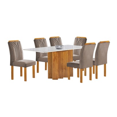 Mesa de Jantar 6 Lugares Lorena Londres com Vidro Cinamomo/Off White/Bege Escuro - Cel Móveis