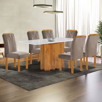 Mesa de Jantar 6 Lugares Lorena Londres com Vidro Cinamomo/Off White/Bege Escuro - Cel Móveis