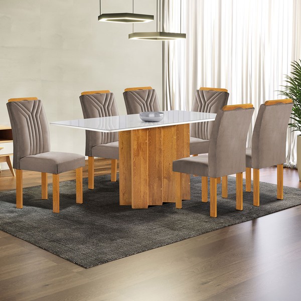 Mesa de Jantar 6 Lugares Lorena Londres com Vidro Cinamomo/Off White/Bege Escuro - Cel Móveis