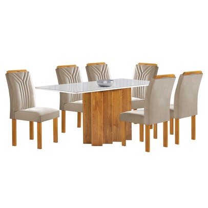 Mesa de Jantar 6 Lugares Lorena Londres com Vidro Cinamomo/Off White/Bege Claro - Cel Móveis