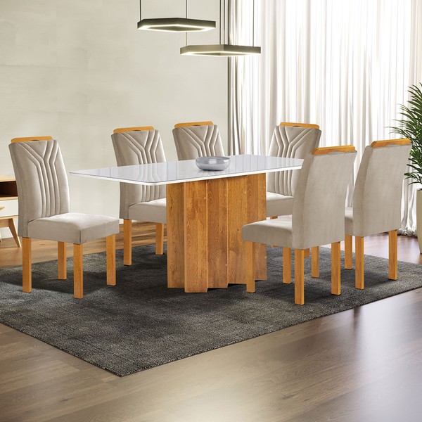 Mesa de Jantar 6 Lugares Lorena Londres com Vidro Cinamomo/Off White/Bege Claro - Cel Móveis