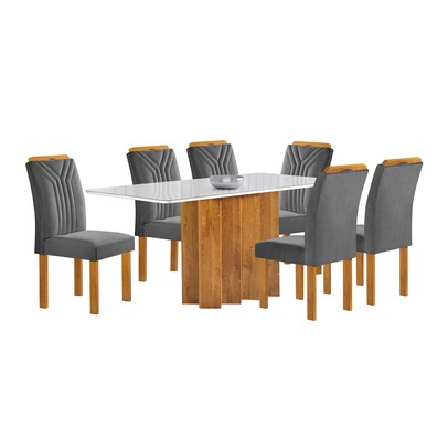 Mesa de Jantar 6 Lugares Lorena Londres com Vidro Cinamomo/Off White/Cinza - Cel Móveis