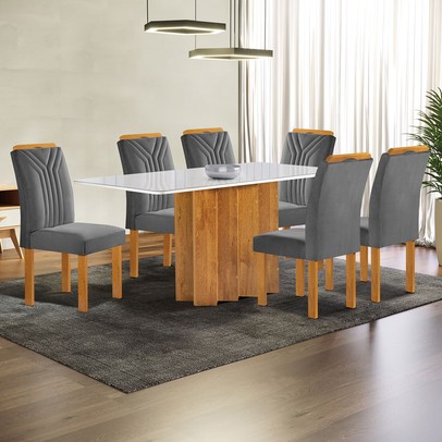 Mesa de Jantar 6 Lugares Lorena Londres com Vidro Cinamomo/Off White/Cinza - Cel Móveis