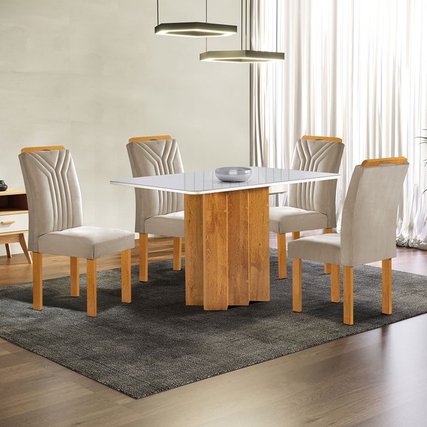 Mesa de Jantar 4 Lugares Lorena Londres com Vidro Cinamomo/Off White/Bege Claro - Cel Móveis
