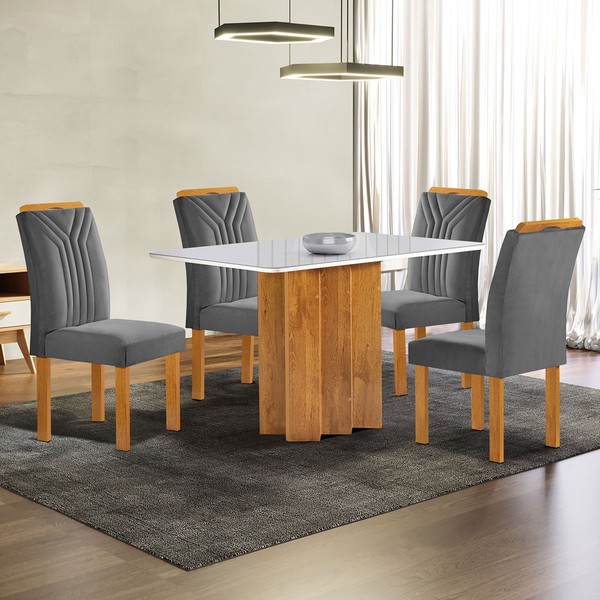 Mesa de Jantar 4 Lugares Lorena Londres com Vidro Cinamomo/Off White/Cinza - Cel Móveis