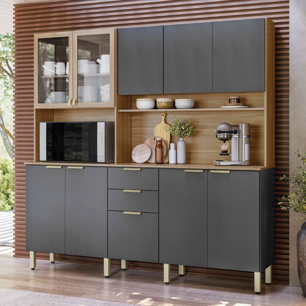 Cozinha Compacta Pitanga 10 Portas 2 Gavetas Amêndola Touch/Grafito Prime Tx - Pnr Móveis