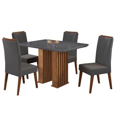 Mesa de Jantar 4 Lugares Madeline com Vidro Ripado Mel/Cinza/Grafite - Viero Móveis