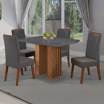 Mesa de Jantar 4 Lugares Madeline com Vidro Ripado Mel/Cinza/Grafite - Viero Móveis