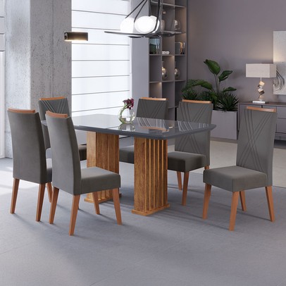 Mesa de Jantar 6 Lugares Platina com Vidro Ripado Mel/Cinza/Grafite - Viero Móveis