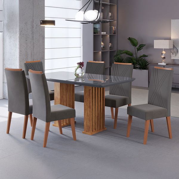 Mesa de Jantar 6 Lugares Platina com Vidro Ripado Mel/Cinza/Grafite - Viero Móveis