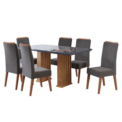 Mesa de Jantar 6 Lugares Platina com Vidro Ripado Mel/Cinza/Grafite - Viero Móveis