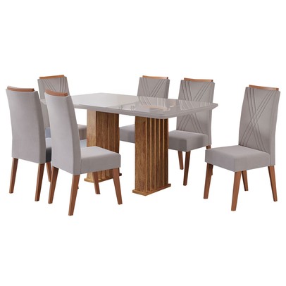 Mesa de Jantar 6 Lugares Platina com Vidro Ripado Mel/Bege/Off White - Viero Móveis