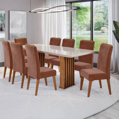 Mesa de Jantar 8 Lugares Exclusive com Vidro Ripado Mel/Terracota/Off White - Viero Móveis