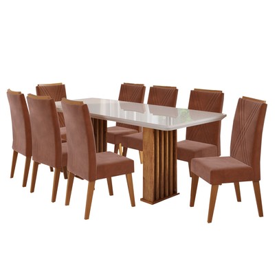 Mesa de Jantar 8 Lugares Exclusive com Vidro Ripado Mel/Terracota/Off White - Viero Móveis