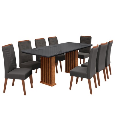 Mesa de Jantar 8 Lugares Exclusive com Vidro Ripado Mel/Cinza/Grafite - Viero Móveis