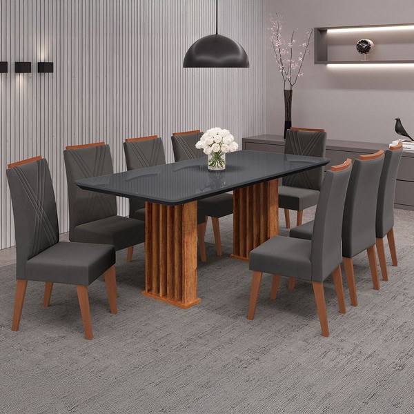 Mesa de Jantar 8 Lugares Exclusive com Vidro Ripado Mel/Cinza/Grafite - Viero Móveis