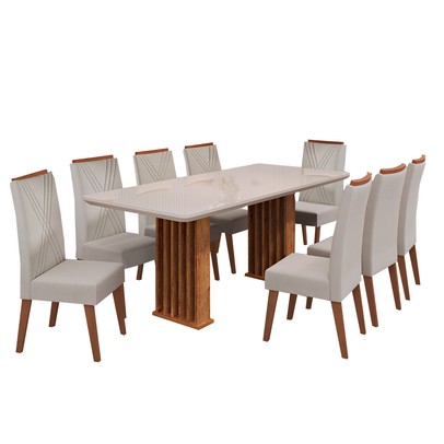 Mesa de Jantar 8 Lugares Exclusive com Vidro Ripado Mel/Bege/Off White - Viero Móveis