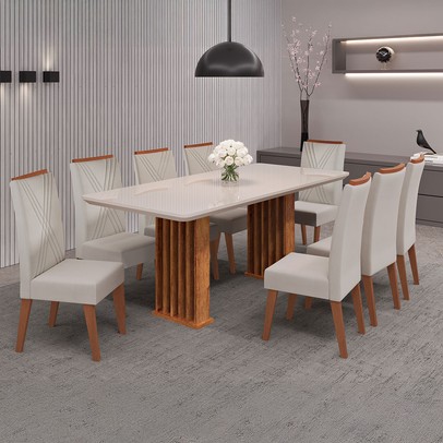 Mesa de Jantar 8 Lugares Exclusive com Vidro Ripado Mel/Bege/Off White - Viero Móveis