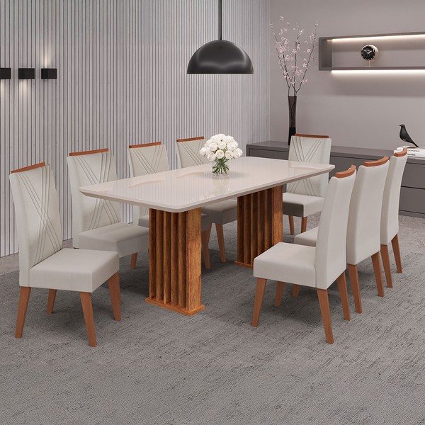Mesa de Jantar 8 Lugares Exclusive com Vidro Ripado Mel/Bege/Off White - Viero Móveis